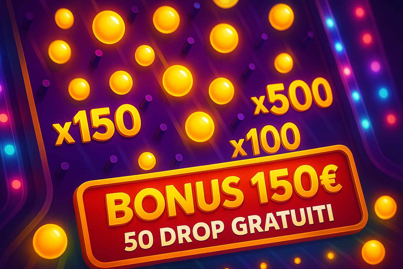 Plinko slot con più palline dorate, banner bonus 150 € e moltiplicatori evidenti